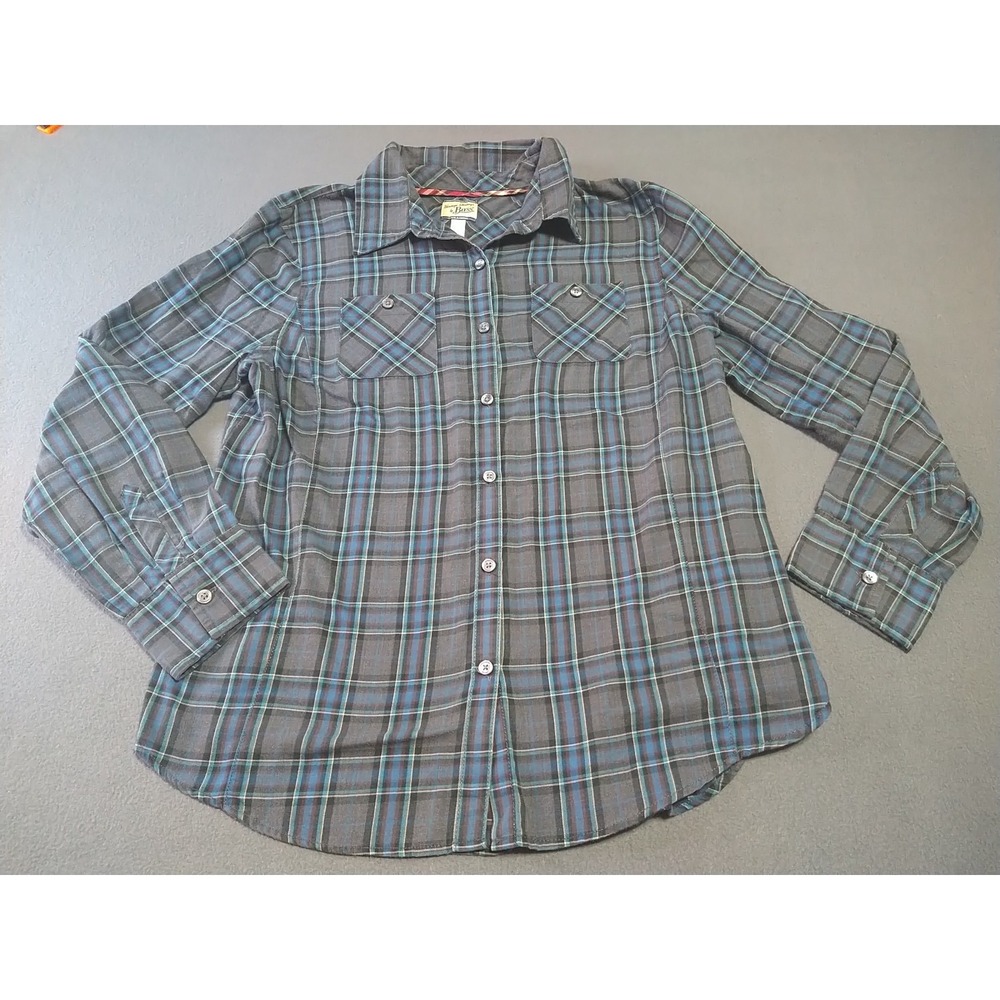 Bass Heritage Shirtings Shirt Ladies L Blue Plaid Button Up Long Sleeve Cotton